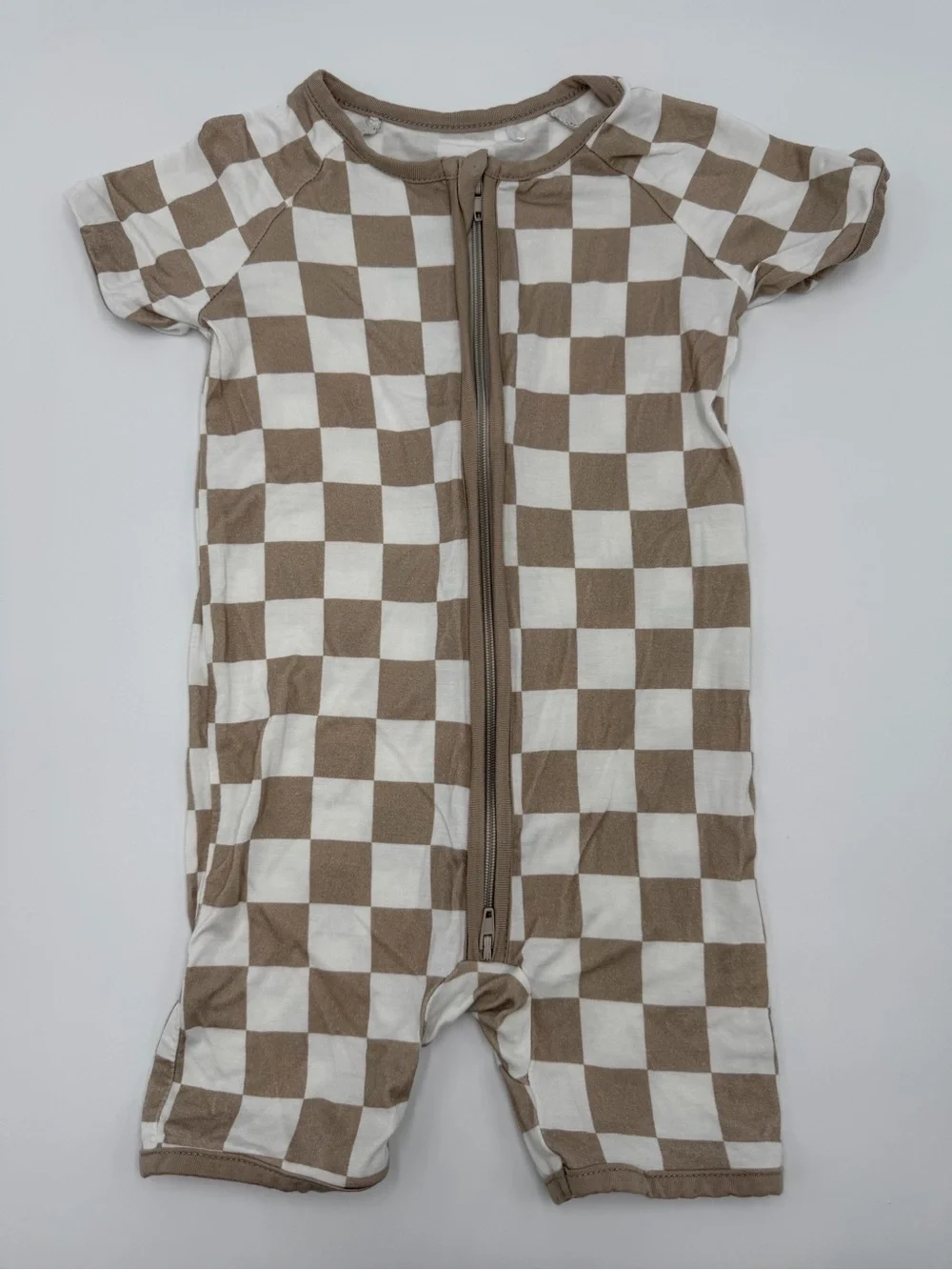 Bamboo Toddler Kids Short Sleeve Zip Romper in Beige Check 12-18 months